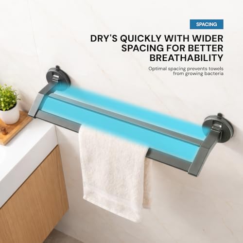 Image of Amazon Basics Suction Towel Holder for Bathroom - Rust - Free Powder Coated Wall Mounted Towel Rack No Drill Towel Rack Modern Bathroom Accessories Organizer Grey