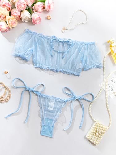 Image of Lilosy Sexy Stretch Ruffle Tie Sheer Mesh Lingerie Set Outfits
