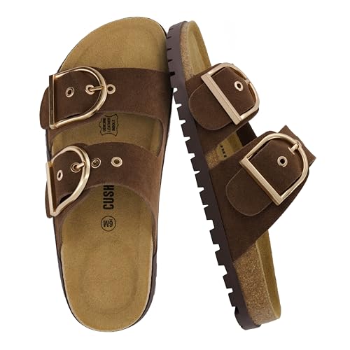 CUSHIONAIRE Brook Women’s Suede Double-Buckle Cork Footbed Slide Sandals with Memory Foam Comfort