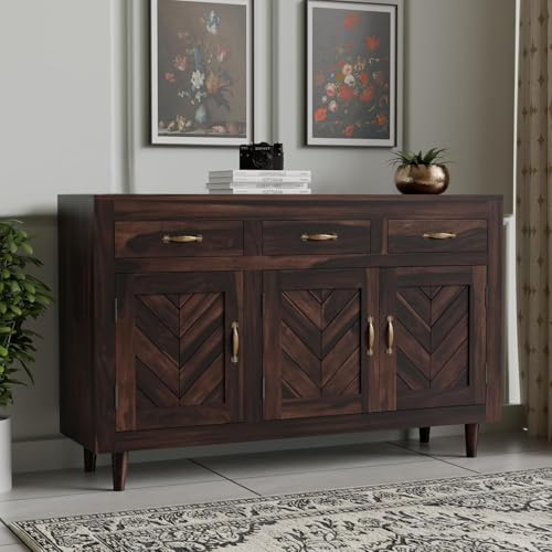Image of Solid Sheesham Wood Sideboard Cabinet Storage with 3 Door & 3 Drawer Wooden Storage Organizer Cabinet for Home Kitchen Living Room Bedroom Hallway Dinning | Walnut Finish | Pre-Assembled