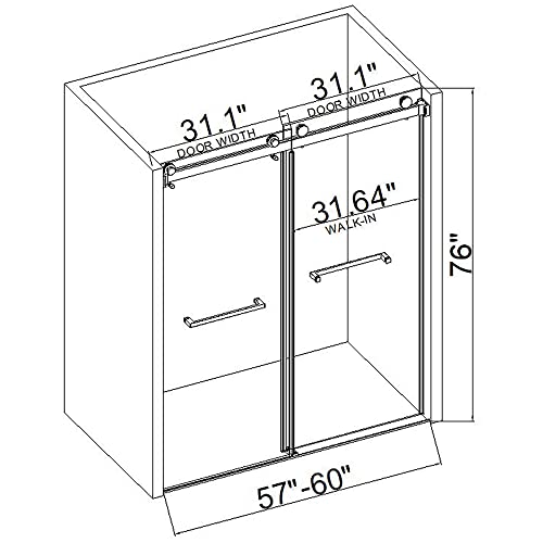 Aty Frameless Glass Shower Door, 60" Width, 76" Height, Double Sliding Bathroom Gate With Square Rail And 0.4" Clear Temperedglass, Noiseless Shatterproof, For Smooth Closing #TOP1