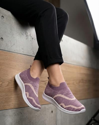 Image of Women's Slip-On Knit Sneakers, Purple Lightweight Casual Walking Shoes with White Sole