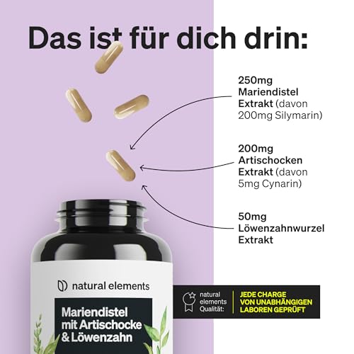 natural elements Mariendistel Artischocke Löwenzahn Komplex - 120 Kapseln - Hochdosiert mit 80% Silymarin - Ohne Magnesiumstearat, vegan und produziert in Deutschland