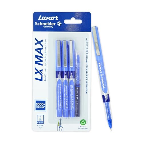Image of Luxor Schneider LX MAX Needle Tip Pen for Students and Office Use | Pack of 3 Blue + 1 Refill | Comfortable Grip, Ideal for Daily Writing