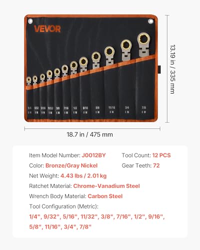 Image of VEVOR Flex-Head Ratcheting Wrench Set, 12-Piece SAE Sizes, 72 Teeth, Cr-V Steel Ratchet Flexible Combination Wrench Set with Roll Up Pouch, for General Household and Automotive Repairs, Gray Nickel