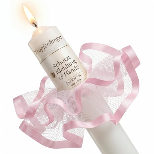ELBKAISER - Tropfschutz für Kommunionkerze & Taufkerze – Festliche Kerzenmanschette aus Tüll mit edlem Rosarand – Weißer Wachsschutz, passend für Ø 2-4 cm Kerzen, Handarbeit
