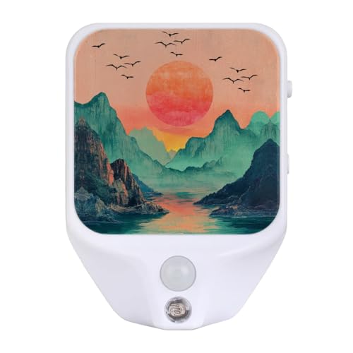 Mountains Sea And Birds Night Lights Plug into Wall Motion Sensor LED Night Light Lamp for Kids, Dusk to Dawn Smart Sensor Dimmable Nightlights for Adults Kids Room Bedroom Bathroom Hallway Stairway