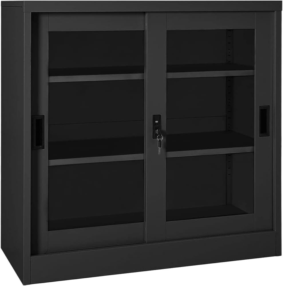 Sliding Door Cabinet,Behind Door Storage,Office Storage Cabinet,Features Sliding Doors,2 Adjustable Shelves,with a Lock,for Living Room,Home,Office, Anthracite 35.4"x15.7"x35.4" Steel