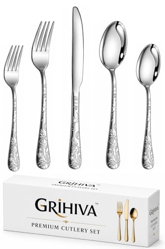 Image of 5 Pcs Silver Floaral Stainless Steel Cutlery Set for Dining Table with Spoon and Fork Set & Butterknife - The Perfect Tableware /Flatware