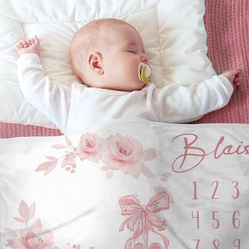 Image of OLIVE OLIVIA Personalized Baby Milestone Blanket, Custom Name, 60 inchx80 inch, Pink, Floral, Soft Flannel Fleece, Unisex, Winter, Modern, 1 Count
