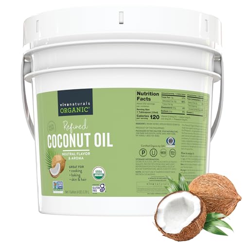 Image of Viva Naturals Refined Coconut Oil - Expeller-Pressed Bulk Organic Coconut Oil for Cooking and Baking with Neutral Flavor & Aroma - USDA Organic Certified Hair Oil and Skin Moisturizer, 128 fl oz (1 Gallon)