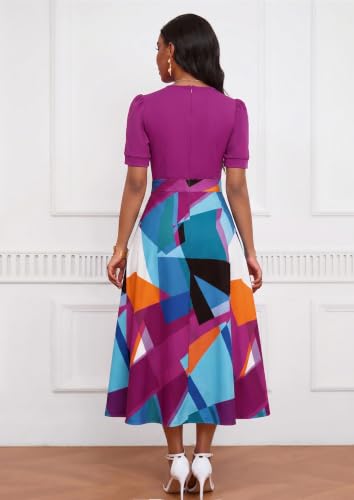 Image of MarryUP Women's Midi Dresses - V Neck Cocktail & Church Tea Dresses - Short Sleeve A-Line Swing Dress