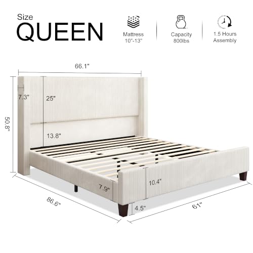 Image of HOWE Queen Size Bed Frame with 50.8 Inch Corduroy Wingback Headboard, Cream | Modern Upholstered Platform Bed, Solid Wood Slats, No Box Spring Needed, Noise-Reducing Design