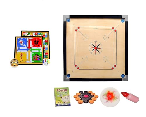 Image of WRF Superior Matte Finish Practice Carrom Board for Serious Professional Practice with Coins Striker and Powder Black New(32inch Carrom with Ludo L-03)