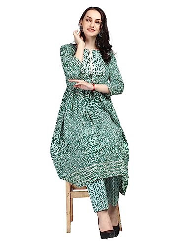 Image of Women's Green 100% Pure Cotton Flared Kurta Pant Set With Big Size Dupatta