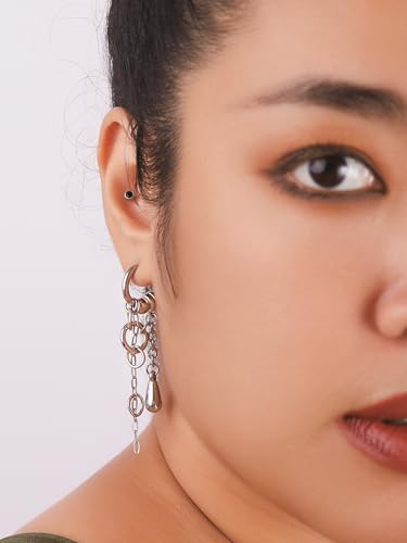 Sacina Gothic Punk Silver-tone Hoop Chain Earrings, Goth Emo Punk Grunge Earrings, Christmas Jewelry Gift For Women4