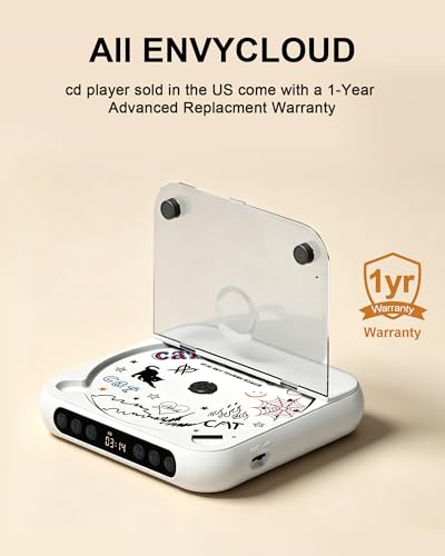 Image of ENVYCLOUD CD Player Portable with Dual Stereo Speakers, Rechargeable Portable Player with Bluetooth for Home with Headphones, Support CD /AUX /USB,White