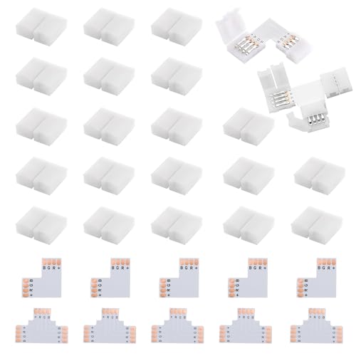 Kit Conectores LED 10mm: 30 Pcs, Incluye 20 Conectores 4 Pines & 10 Formas L/T, Fácil Instalación, para Tiras LED 12V, Durables y Resistentes al Agua, Ideal para Iluminación Decorativa y Profesional