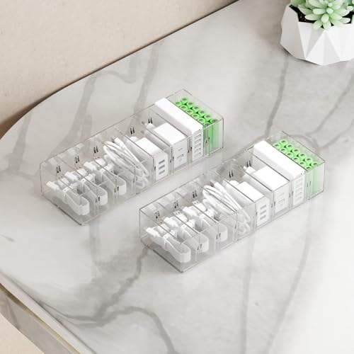 FRETONBA Lot de 2 boîtes de Rangement pour Câbles Transparent avec 7 Compartiments et 14 Serre-Câbles pour Le Rangement sur Le Bureau, Le Bureau(Petit)