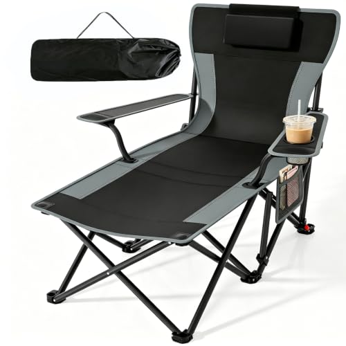 Suteck Camping Chair with Foot Rest, Reclining Folding Beach Chairs, Black