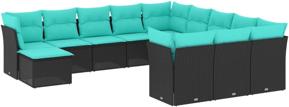 vidaXL Patio Sofa Set - 12 Piece, Black Poly Rattan Outdoor Furniture with Blue Cushions, Modular Design, Weather