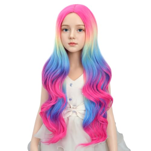 Image of Kid Ombre Rainbow Wig Long Rainbow Middle Part Wig for Child Girl Long Wavy Curly Wigs Heat Resistant Synthetic Wigs for Daily Party Use