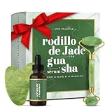 Gua Sha Facial y Rodillo Facial de Jade, Masajeador Facial de Jade Piedra con Sérum Facial 30ml de Vitamina C, Rodillo Masaje, Masajeador de Ojos, Masajeador Facial Antiedad, Rodillo de Jade Auténtico