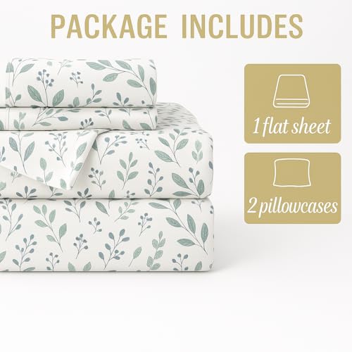 Image of King Size Bedsheet - Tranquil Green Petals Design - 108 x 108 Inches - Brushed Microfiber Flat Sheet with 2 Pillow Covers - Cooling, Wrinkle-Free & Fade-Resistant