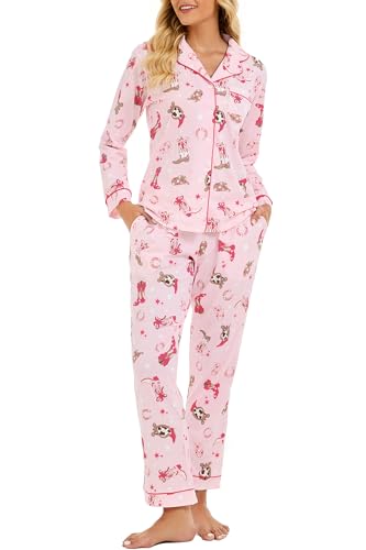 Image of LUBOT 100% Cotton Pajamas for Women Pajama Set 2 Piece PJ Sleepwear Set Soft Ladies Button Knit Long Sleeve Loungewear XS-XXL