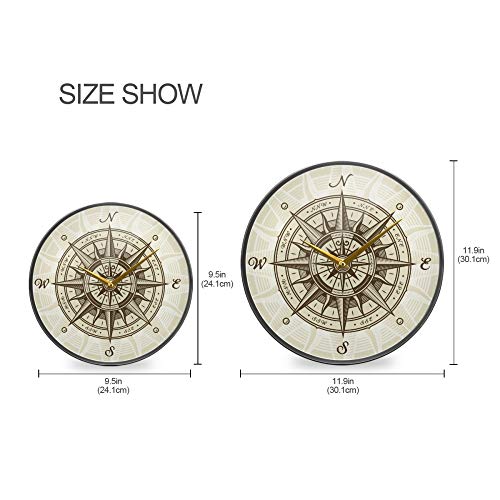 Runde digitale Wanduhr, Vintage-Stil, nautischer Kompass, Rose, nicht tickend, Wanduhren, batteriebetrieben, für Küche, Wohnzimmer, Büro, dekorativ