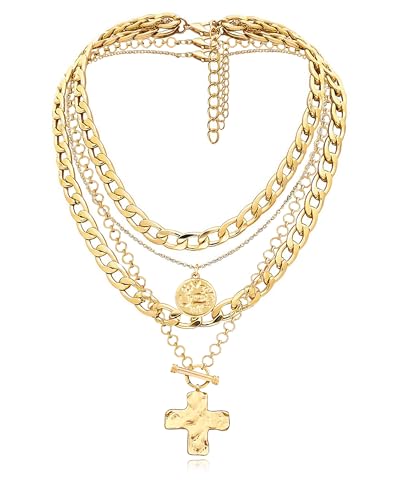 MJartoria Gold Layered Necklaces for Women Trendy Retro Coin and Cross Pendant Necklace Dainty Chunky Chain Necklaces for Jewelry Birthday Gifts