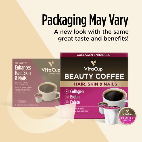 Vitacup Beauty Collagen Coffee Pods For Hair, Skin & Nails, With Biotin & Folate, Medium Dark Roast, Keto Friendly, Recyclable Single Serve Pod Compatible With Keurig K-Cup Brewers,16 Ct #TOP4