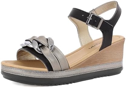 Sandali Donna Con Zeppa E Catena - In Ecopelle, Tacco 8.5 Cm, Design A Fasce Incrociate, Regolabili, Numeri Dal 35 Al 41