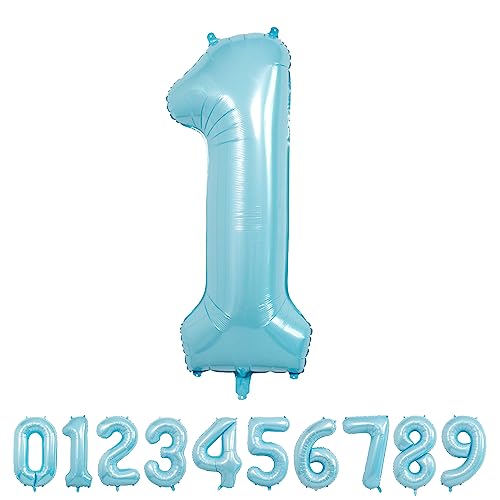 Image of 40 Inch Light Blue Number Balloons, Helium Mylar Foil for Birthdays, Number 1 Balloon for Party Decorations, Wedding, Boy Baby Shower