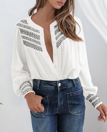 PRETTYGARDEN Womens Long Sleeve Shirts Tops 2025 Boho V Neck Smocked Oversized Button Down Blouses Fall Fashion Outfits3