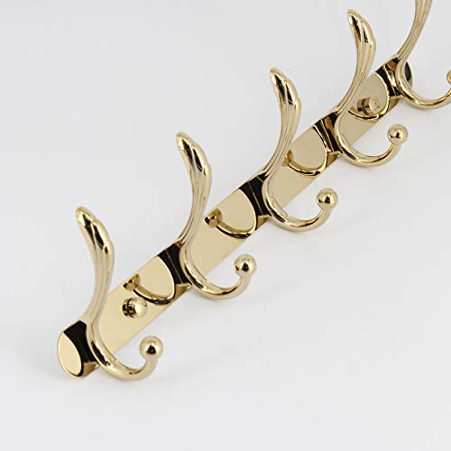 Kimzcn Coat Rack Wall Mounted - 5 Tri Hooks, Heavy Duty, Metal Coat Hook Rail For Coat Hat Towel Purse Robes Mudroom Bathroom Entryway, Gold #TOP1
