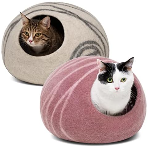 MEOWFIA 2 Premium Felt Cat Bed Caves Bundle (Light Grey/Medium + Rose Quartz/Medium) - Eco Friendly 100% Merino Wool House for Cats and Kittens Cover
