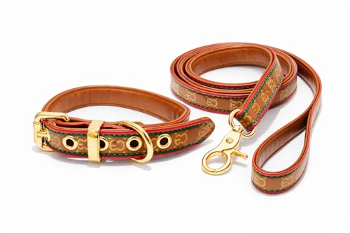 Everything Chic Luxury Designer Dog Matching Collar and Leash Set, Adjustable Collar, Fashion Pet Accessories for Small, Medium & Large Dogs (Small, SGucchewiLeashCollarSet)