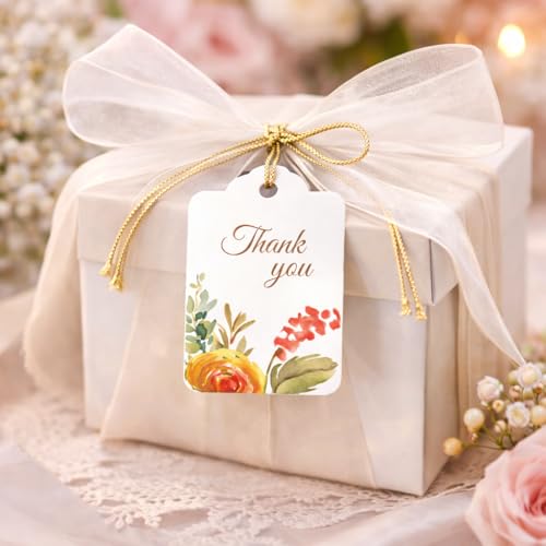Image of CVANU Floral Thank You Gift Tags (Set of 100), Elegant Flower Design (D11) Hanging Tags with Gold String for Wedding Return Gifts & Small Business Packaging (2.85 x 1.7 Inch)