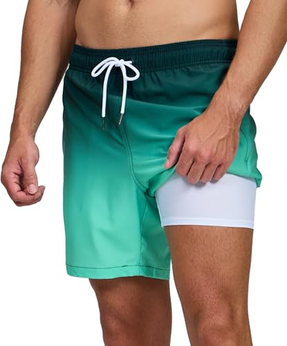 Image of Mens Swim Trunks Compression Liner No Mesh Swimming Trunks Men Swimwear Quick Dry Above Knee Zipper Pocket Swim Shorts