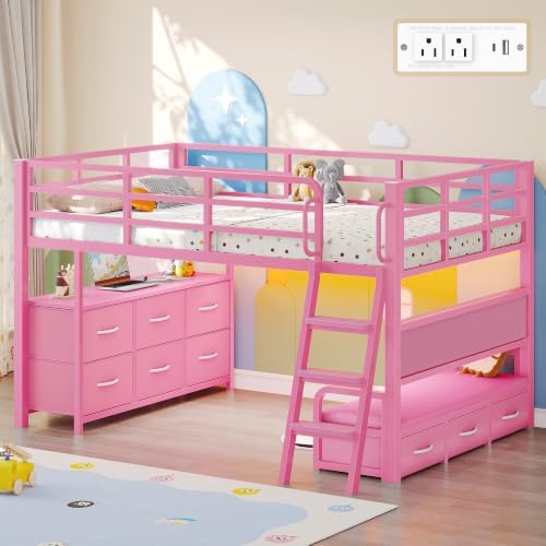 Dnxao Low Loft Bed Twin with 9 Storage Drawers and Desk for Girls, Pink