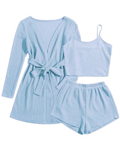 Image of Ekouaer Pajamas for Women Set 3 Piece Lounge Set Soft Pajama Sets Waffle Knit Tank Top and Shorts Cardigan with Pockets S-XXL