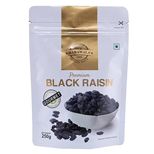 Image of KHARAWALA'S Afghani Black Raisins with Seeds - Pack of 4 (250gm Each) | Kali Kishmish | Munakka | Dry Fruits | Premium Abjosh | Healthy Nuts