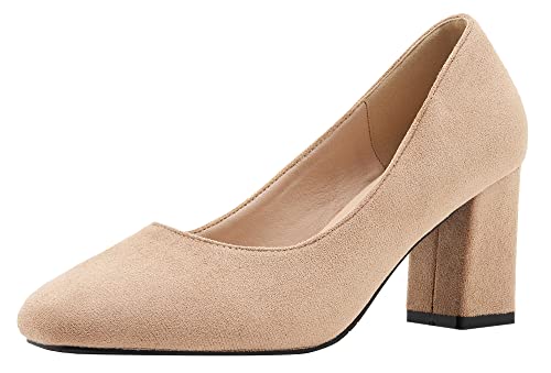 YooPrettyz Women Vintage Office Comfort Suede Leather Block High Heels Daily Square Toe Pumps Shoes for Work