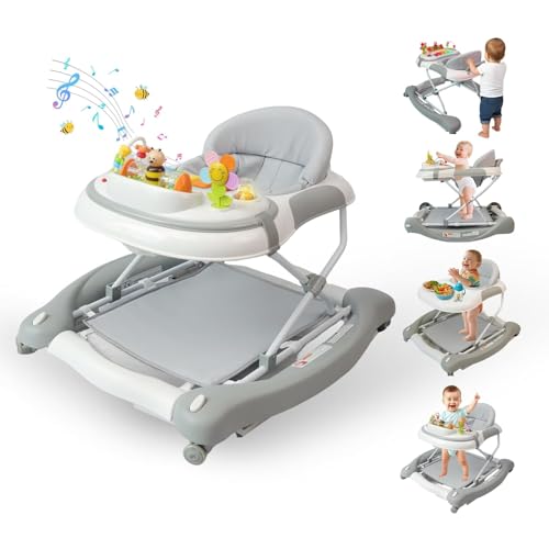 Image of 5 in 1 Baby Walker, Music and Lights Walker for Baby Boy Girls 6-12 Months, Foldable Baby Walkers with Wheels and Bouncer Combo Portable, Toddler Infant Walker with Adjustable Height