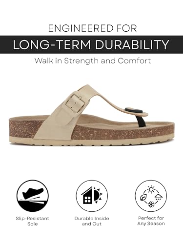 Image of HF JOURNEY Women's Cork Footbed Thong Sandal,Slip On Entry,(Size 36-41) PU, Casual Lounging Slipper, EVA Sole, Flat Heel, Anna Carina 2.0