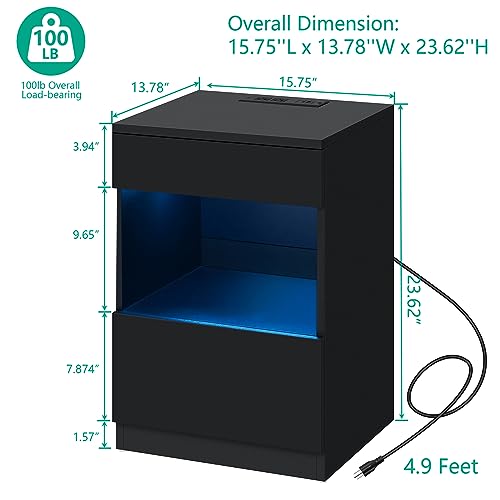 Hommpa NIGHTSTAND 16 BK Set Of 2 Open Shelf Led Nightstands With Charging Station 2 Drawers Bedside Tables Black Night Stands With Storage Smart Nightstands High Gloss Night Table With Led Light For Bedroom Furniture thumb #1