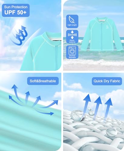 Image of BesserBay Baby Toddler Kids Rashguard Top UPF 50+ Long Sleeve Swim Shirt Zip Up Thumb Holes UV Jacket 12 Months-6 Years