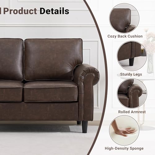 Image of Kingfun Loveseat 2 Seater Couch, Mid Century Modern Faux Leather Sofa with Rolled Arms and Deep Seats, Fluffy Comfort for Living Room, Apartment, Easy Assembly, Cocoa