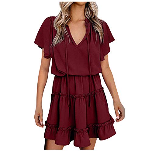 Padaleks Women s Summer Short Sleeve V Neck Ruffles Flare Dresses Elastic Waist Loose Casual Mini Dress Sundress